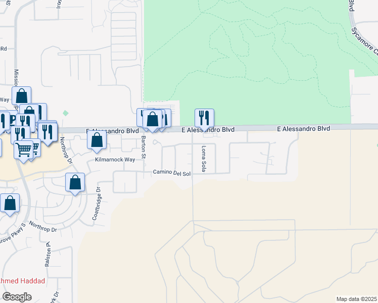 map of restaurants, bars, coffee shops, grocery stores, and more near 20230 Planada Court in Riverside