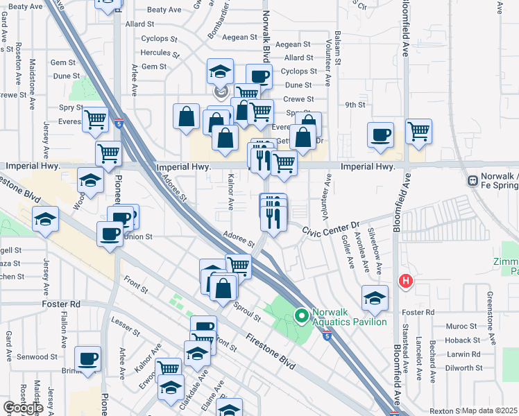 map of restaurants, bars, coffee shops, grocery stores, and more near 12727 Norwalk Boulevard in Norwalk