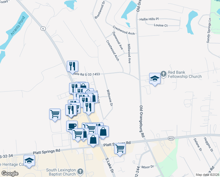 map of restaurants, bars, coffee shops, grocery stores, and more near 109 Wilhowie Drive in Lexington