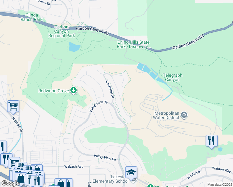 map of restaurants, bars, coffee shops, grocery stores, and more near 3313 Gardenia Lane in Yorba Linda