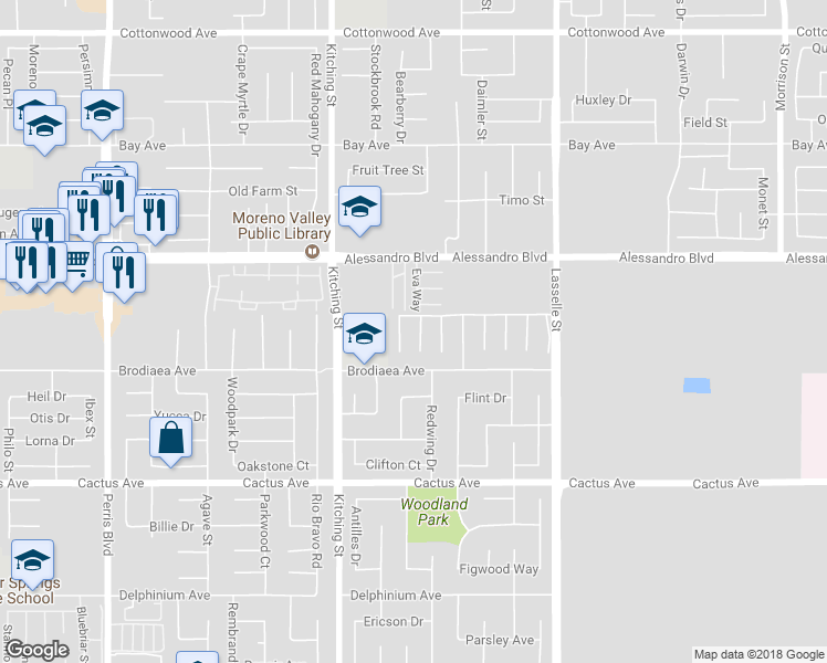 map of restaurants, bars, coffee shops, grocery stores, and more near 14159 Port Royal Place in Moreno Valley