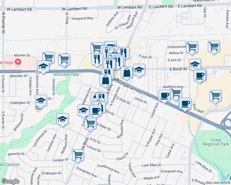 map of restaurants, bars, coffee shops, grocery stores, and more near 337 South Orange Avenue in Brea