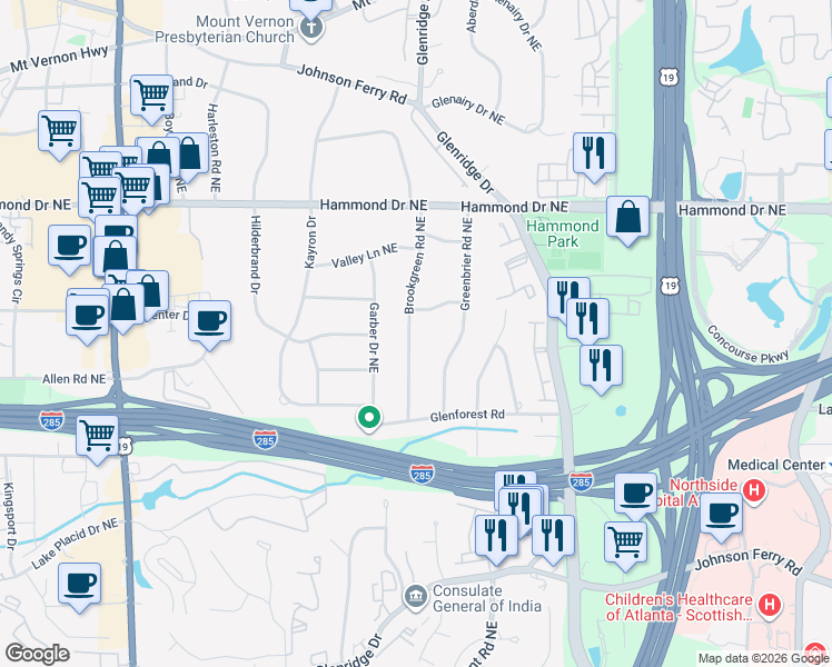 map of restaurants, bars, coffee shops, grocery stores, and more near 5865 Brookgreen Road Northeast in Atlanta