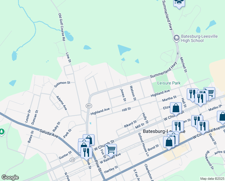 map of restaurants, bars, coffee shops, grocery stores, and more near 232 Summerland Avenue in Batesburg-Leesville