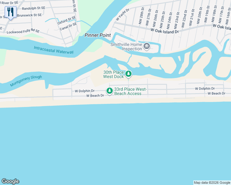 map of restaurants, bars, coffee shops, grocery stores, and more near 3022 West Beach Drive in Oak Island