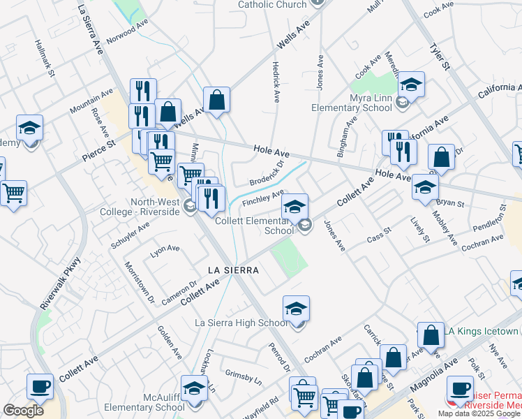 map of restaurants, bars, coffee shops, grocery stores, and more near 10921 Endicott Drive in Riverside
