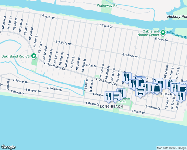 map of restaurants, bars, coffee shops, grocery stores, and more near 4010 East Oak Island Drive in Oak Island