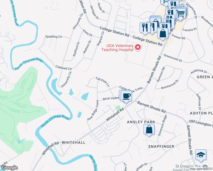 map of restaurants, bars, coffee shops, grocery stores, and more near 172 Tall Pine Lane in Athens