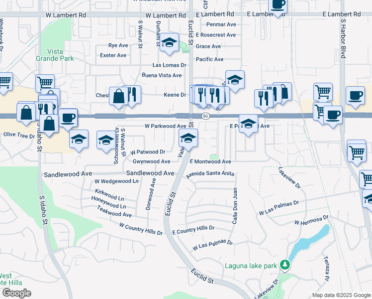 map of restaurants, bars, coffee shops, grocery stores, and more near 1340 Valwood Street in La Habra