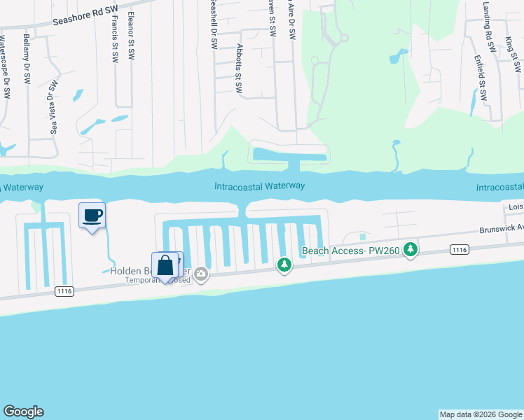 map of restaurants, bars, coffee shops, grocery stores, and more near 191 High Point Street in Holden Beach