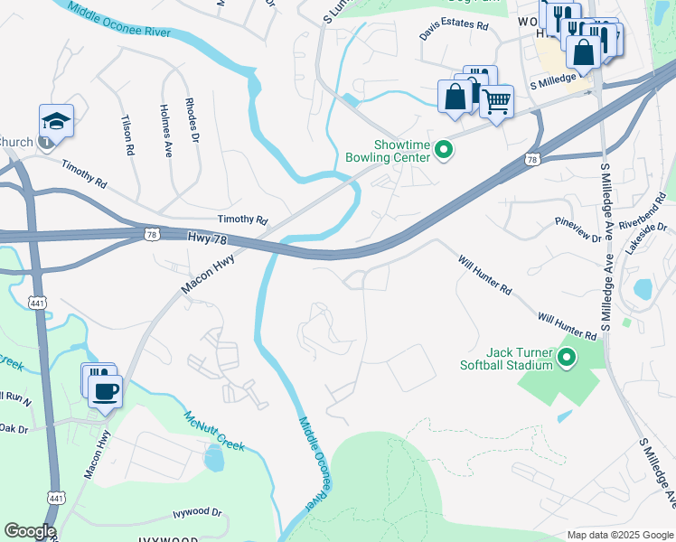 map of restaurants, bars, coffee shops, grocery stores, and more near 166 Dan's Way in Athens