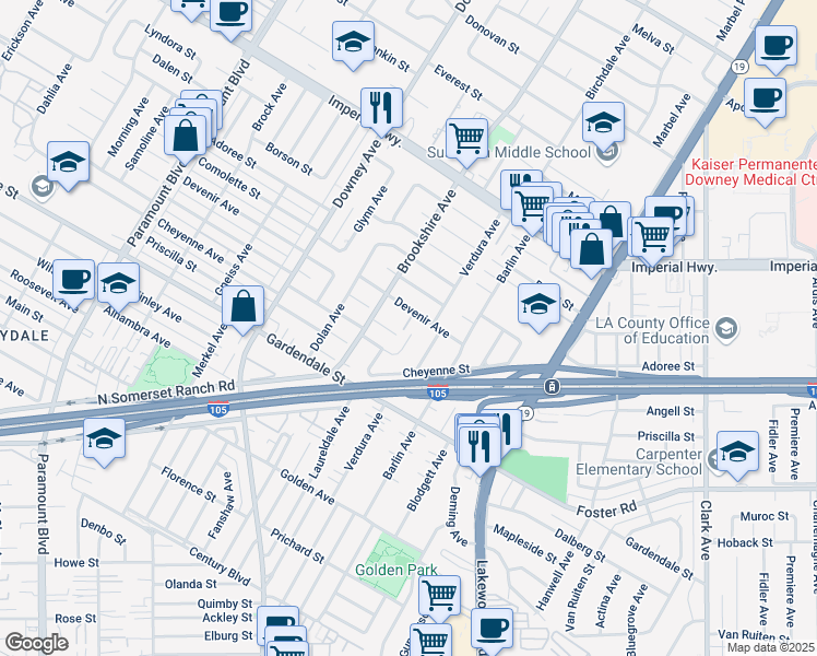 map of restaurants, bars, coffee shops, grocery stores, and more near 8579 Puritan Street in Downey
