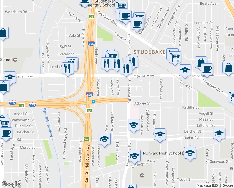 map of restaurants, bars, coffee shops, grocery stores, and more near 12729 Pecos Avenue in Norwalk