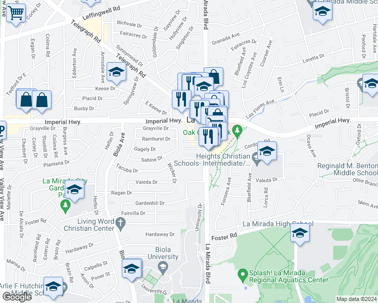 map of restaurants, bars, coffee shops, grocery stores, and more near 14916 Gagely Drive in La Mirada