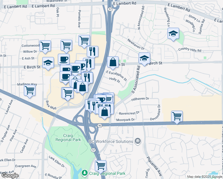 map of restaurants, bars, coffee shops, grocery stores, and more near 318 South Plum Avenue in Brea