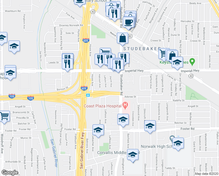 map of restaurants, bars, coffee shops, grocery stores, and more near 12729 Pecos Avenue in Norwalk