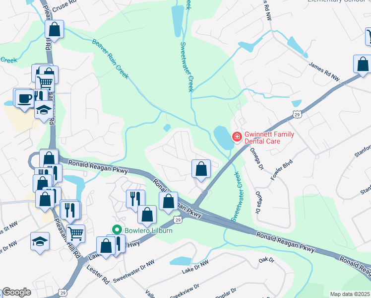 map of restaurants, bars, coffee shops, grocery stores, and more near 37 Foxcroft Way in Lawrenceville