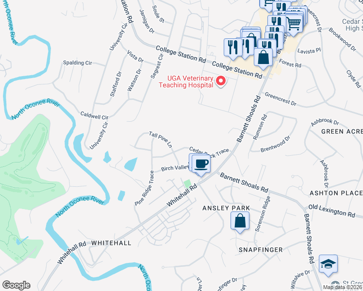 map of restaurants, bars, coffee shops, grocery stores, and more near 172 Tall Pine Lane in Athens