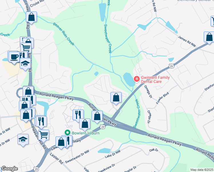 map of restaurants, bars, coffee shops, grocery stores, and more near 37 Foxcroft Way in Lawrenceville
