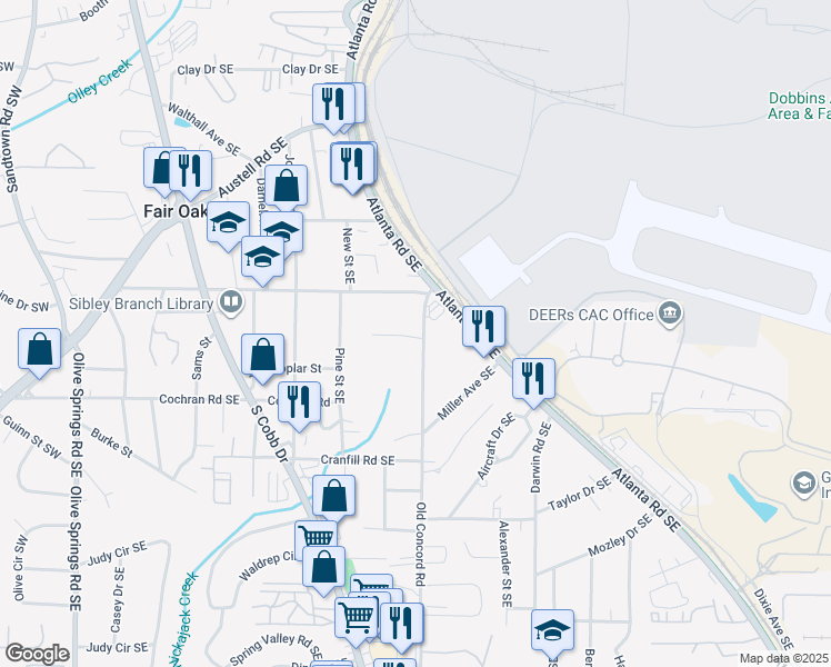 map of restaurants, bars, coffee shops, grocery stores, and more near 1560 Old Concord Road in Marietta