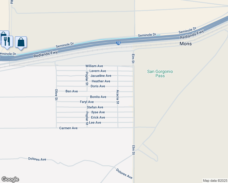 map of restaurants, bars, coffee shops, grocery stores, and more near Ben Avenue in Cabazon