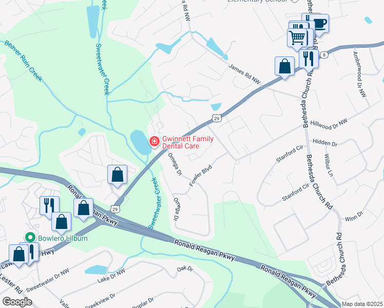 map of restaurants, bars, coffee shops, grocery stores, and more near 3457 Dianthus Lane Northwest in Lawrenceville