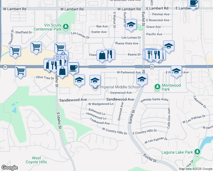 map of restaurants, bars, coffee shops, grocery stores, and more near 1340 South Walnut Street in La Habra