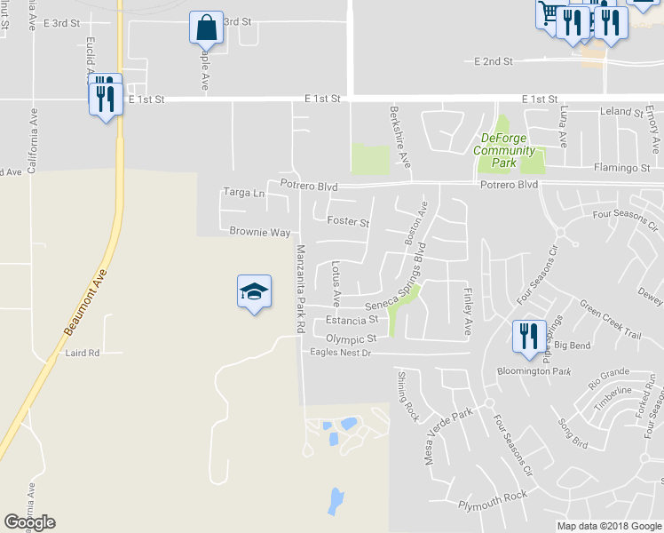 map of restaurants, bars, coffee shops, grocery stores, and more near 163 Lotus Avenue in Beaumont