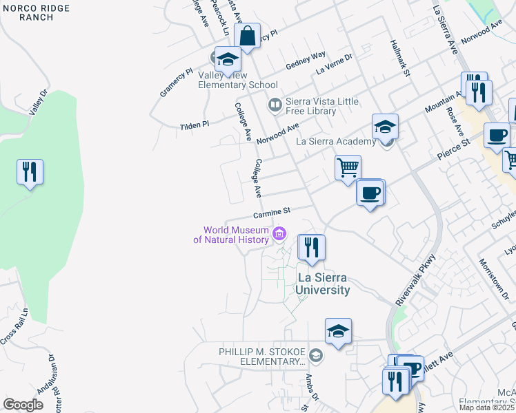 map of restaurants, bars, coffee shops, grocery stores, and more near 4960 College Avenue in Riverside