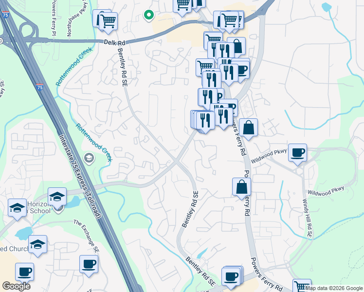 map of restaurants, bars, coffee shops, grocery stores, and more near 2784 Terrell Trace Drive Southeast in Marietta