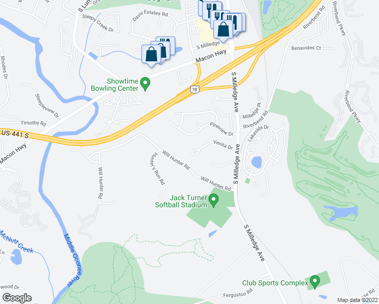 map of restaurants, bars, coffee shops, grocery stores, and more near 900 Venita Drive in Athens