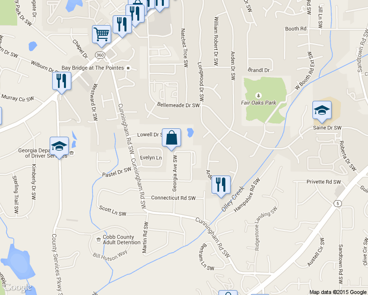 map of restaurants, bars, coffee shops, grocery stores, and more near 1626 Delaware Avenue Southwest in Marietta