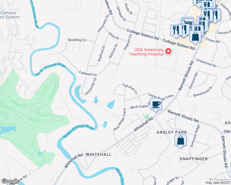 map of restaurants, bars, coffee shops, grocery stores, and more near 130 Pine bark Lane in Athens