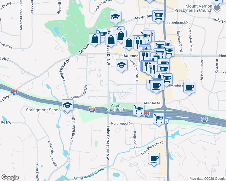 map of restaurants, bars, coffee shops, grocery stores, and more near 2071 Wheaton Way in Sandy Springs