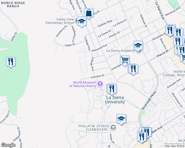 map of restaurants, bars, coffee shops, grocery stores, and more near 4960 College Avenue in Riverside