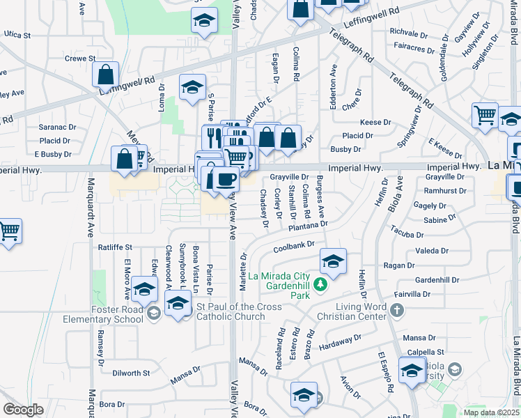 map of restaurants, bars, coffee shops, grocery stores, and more near 14246 Gagely Drive in La Mirada