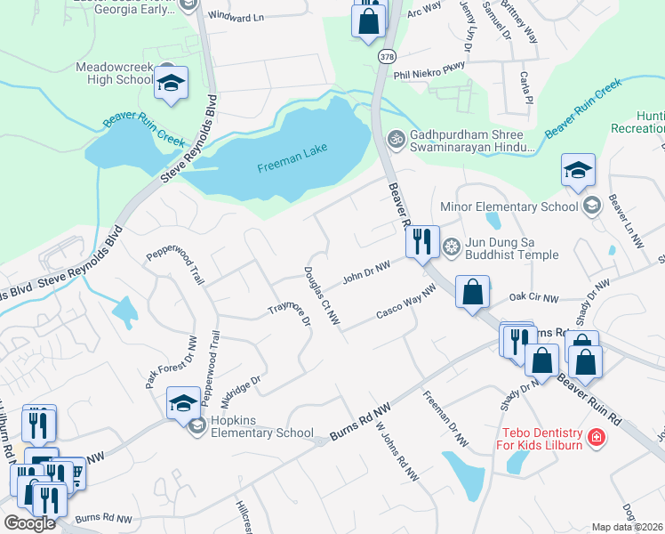 map of restaurants, bars, coffee shops, grocery stores, and more near 995 Evangeline Way Northwest in Norcross