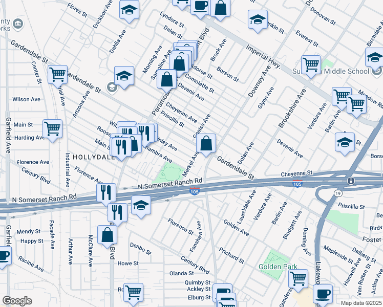 map of restaurants, bars, coffee shops, grocery stores, and more near 8169 McKinley Avenue in Paramount