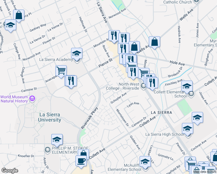 map of restaurants, bars, coffee shops, grocery stores, and more near 11232 Parkway Court in Riverside