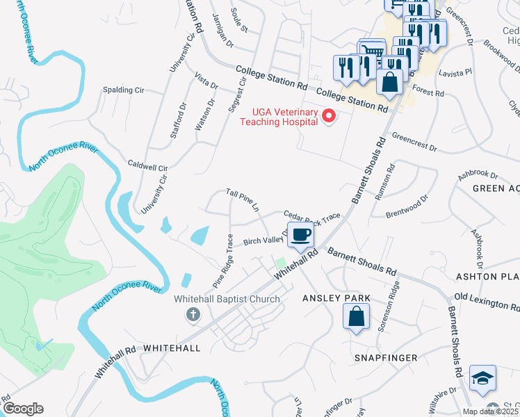 map of restaurants, bars, coffee shops, grocery stores, and more near 172 Tall Pine Lane in Athens