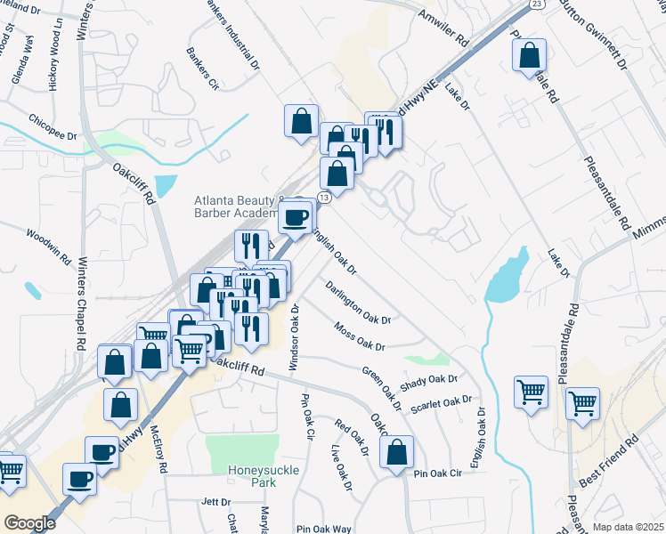 map of restaurants, bars, coffee shops, grocery stores, and more near 4165 Windsor Oak Drive in Doraville