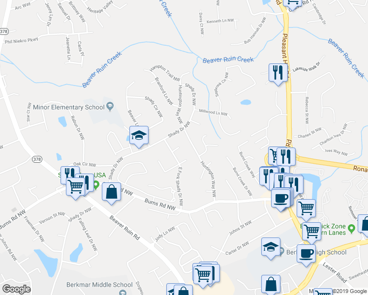 map of restaurants, bars, coffee shops, grocery stores, and more near 4036 Cherry Way Northwest in Lilburn