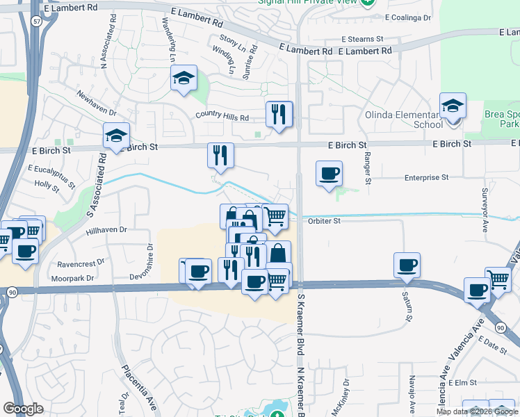 map of restaurants, bars, coffee shops, grocery stores, and more near 325 Adalina Lane in Brea