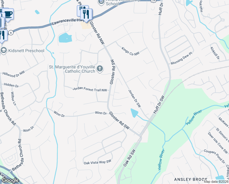 map of restaurants, bars, coffee shops, grocery stores, and more near 231 Hulan Way in Lawrenceville
