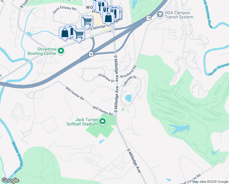 map of restaurants, bars, coffee shops, grocery stores, and more near 25 Venita Drive in Athens