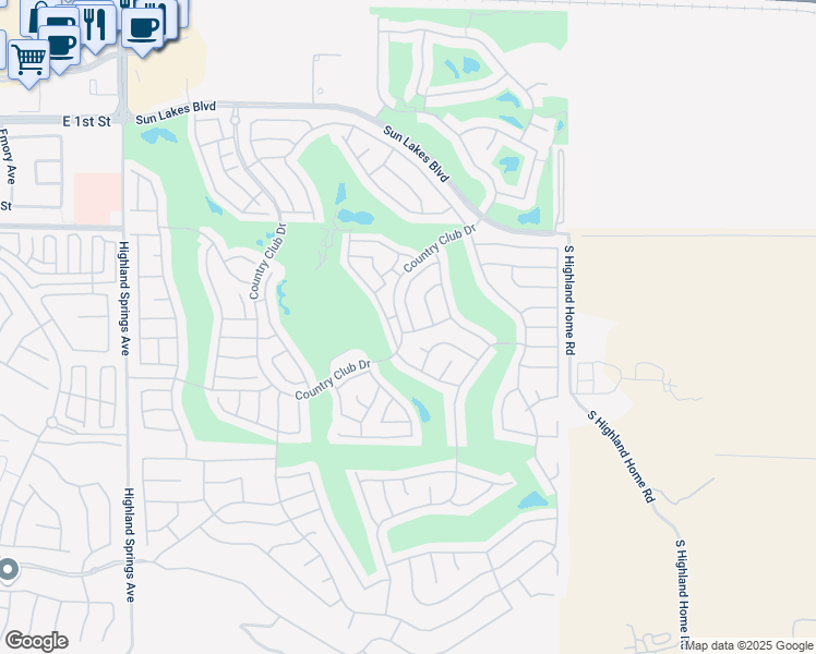 map of restaurants, bars, coffee shops, grocery stores, and more near 1079 Oakland Hills Drive in Banning