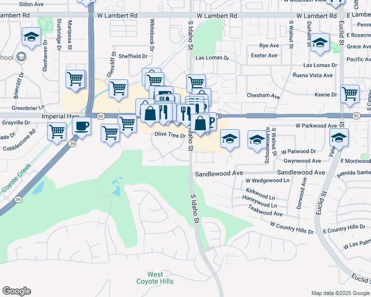 map of restaurants, bars, coffee shops, grocery stores, and more near 1211 Spring Tree Court in La Habra