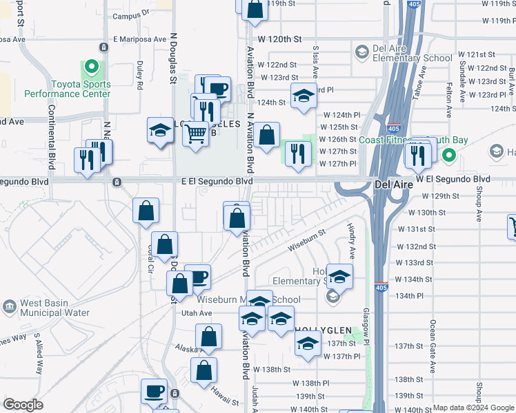 map of restaurants, bars, coffee shops, grocery stores, and more near 12913 Mission Avenue in Hawthorne