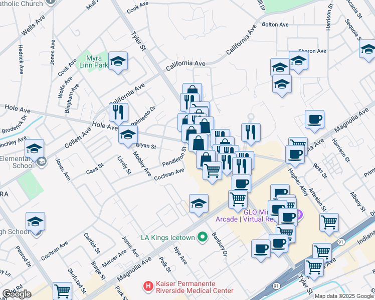map of restaurants, bars, coffee shops, grocery stores, and more near 10326 Pendleton Street in Riverside