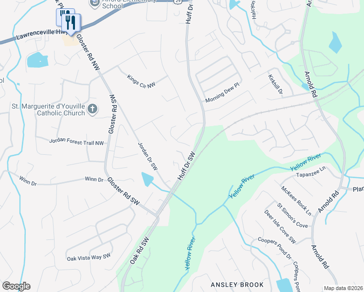 map of restaurants, bars, coffee shops, grocery stores, and more near 169 Gloster Park Court in Lawrenceville